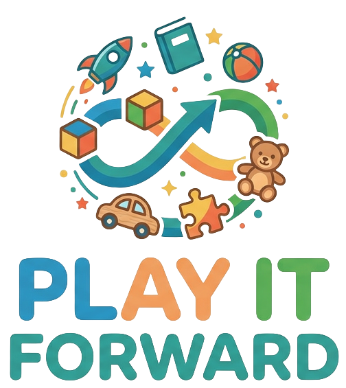 Play it Forward Logo - children's toys in a circle surrounding an infinity symbol that has an arrow
